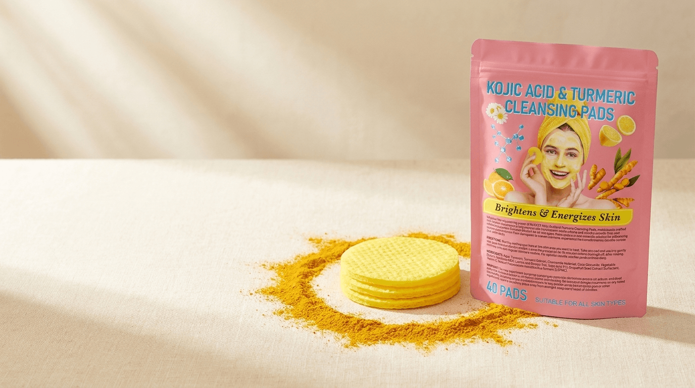Turmeric & Kojic Glow Pads pouch with a stack of pads inside a ring of golden turmeric powder