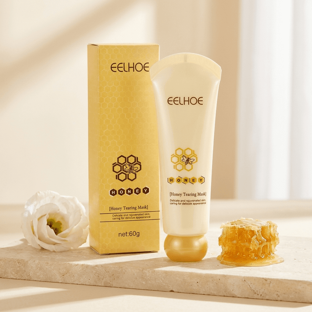 Honey Glow Peeling Mask tube beside honeycomb