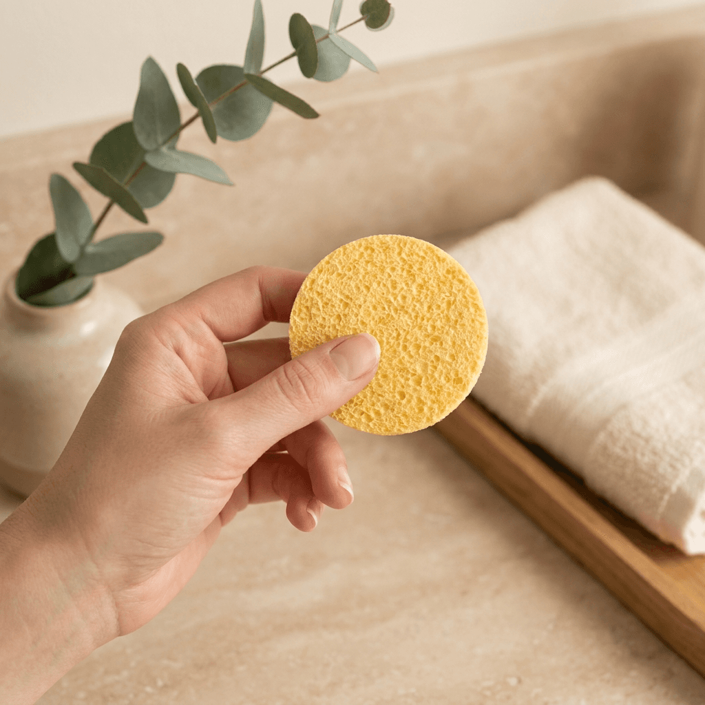 A hand holding a single textured glow pad over a bathroom counter