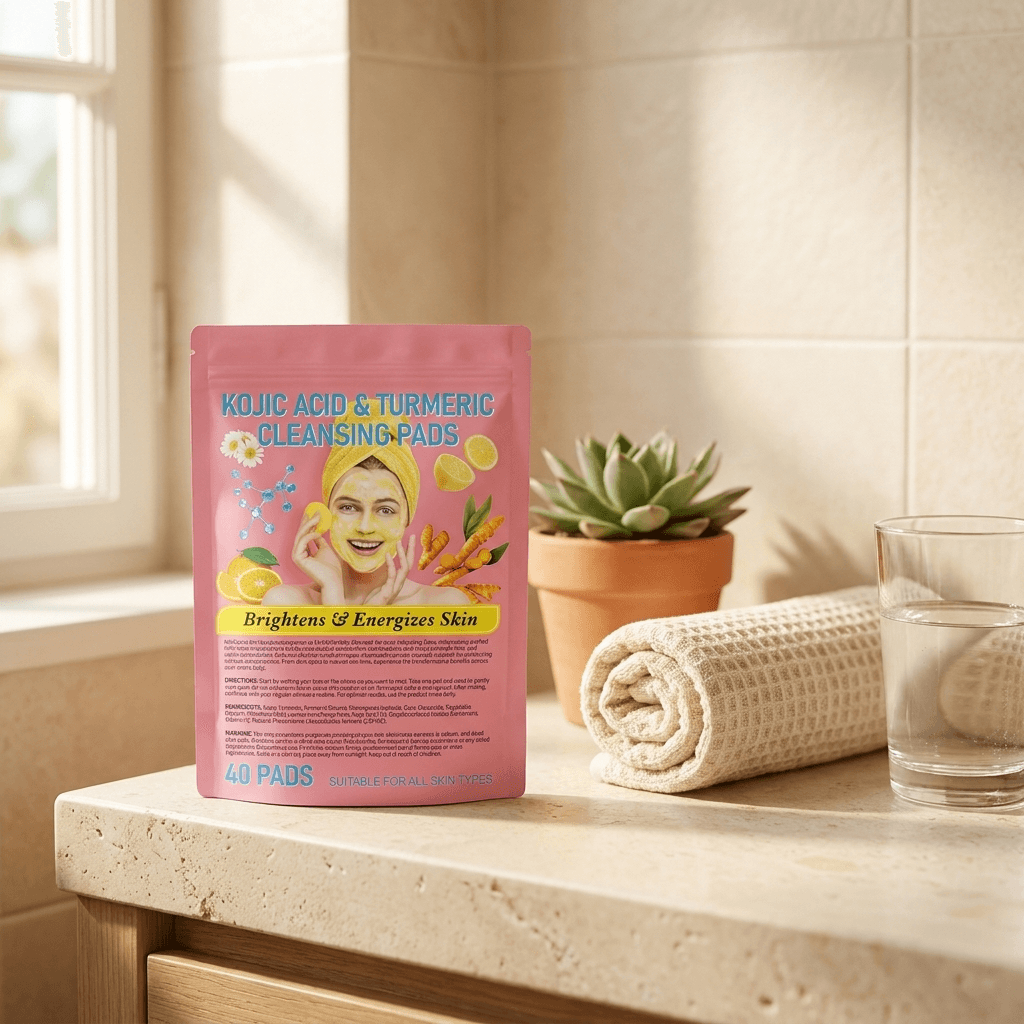 Glow Pads pouch on a bathroom vanity shelf